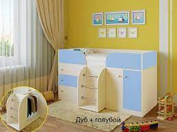 Кровать-чердак Малыш-4 Дуб молочный/Голубой в Карасуке - karasuk.mebel54.com | фото