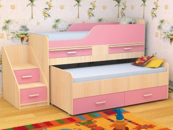 Кровать детская Лесики двухместная 1.8  Дуб молочный/Розовый в Карасуке - karasuk.mebel54.com | фото
