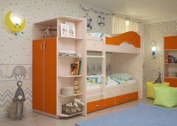 Кровать Мая двухъярусная с ящиками и шкафом Млечный дуб/Оранжевый в Карасуке - karasuk.mebel54.com | фото