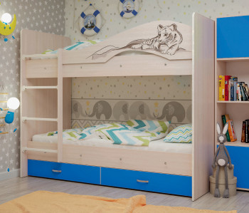 Кровать Мая-Сафари двухъярусная с ящикамиМлечный дуб/Голубой в Карасуке - karasuk.mebel54.com | фото
