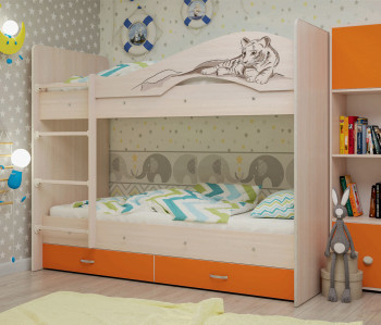 Кровать Мая-Сафари двухъярусная с ящикамиМлечный дуб/Оранжевый в Карасуке - karasuk.mebel54.com | фото