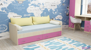 Кровать с выкатными ящиками Дуб Молочный/Розовый в Карасуке - karasuk.mebel54.com | фото