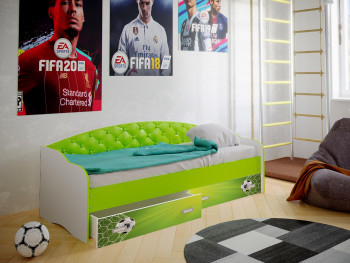 Кровать Софа-8 с мягкой спинкой фотопечать Футбол (900х2000) Белый/Лайм в Карасуке - karasuk.mebel54.com | фото