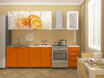 Кухонный гарнитур 1,6м Апельсин (Белый/Оранжевый металлик/Фотопечать апельсин) в Карасуке - karasuk.mebel54.com | фото
