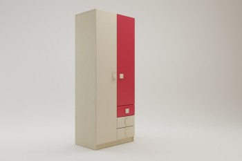 Шкаф 2-х створчатый с ящиками Бэрри (Бежевый/Красный/корпус Клен) в Карасуке - karasuk.mebel54.com | фото
