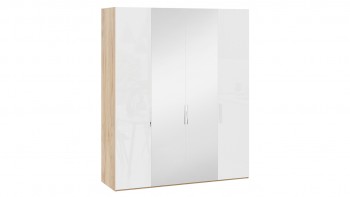 Шкаф комбинированный с 2 глухими и 2 зеркальными дверями «Эмбер» Яблоня Беллуно/Белый глянец в Карасуке - karasuk.mebel54.com | фото