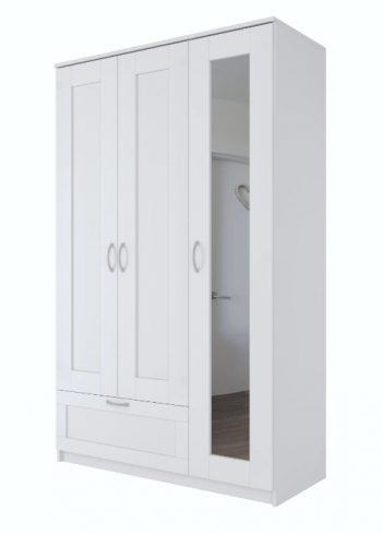Шкаф трехдверный Сириус с зеркалом и 1 ящиком белый в Карасуке - karasuk.mebel54.com | фото