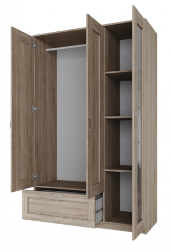 Шкаф трехдверный Сириус с зеркалом и 1 ящиком дуб сонома в Карасуке - karasuk.mebel54.com | фото