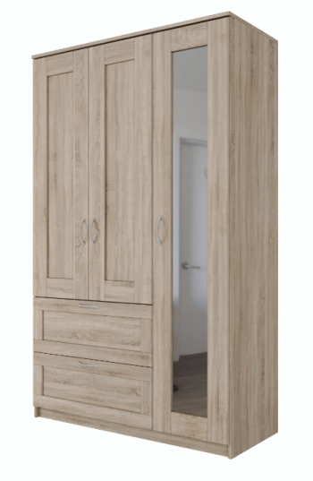 Шкаф трехдверный Сириус с зеркалом и 2 ящиками дуб сонома в Карасуке - karasuk.mebel54.com | фото
